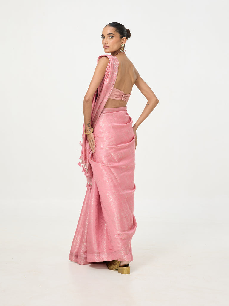 Handwoven Salmon Pink Tissue Saree