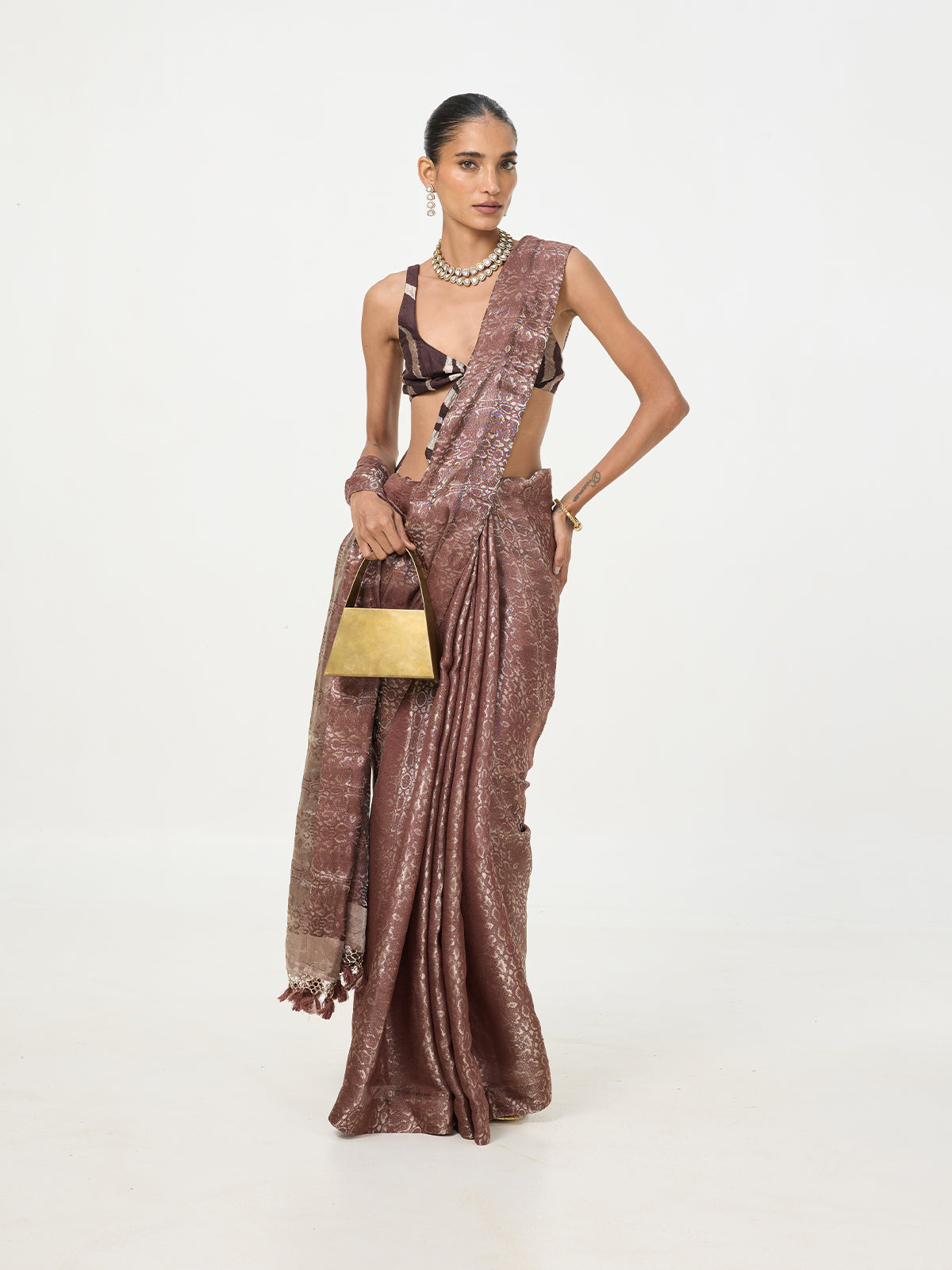 Handwoven Dark Brown Tissue Saree