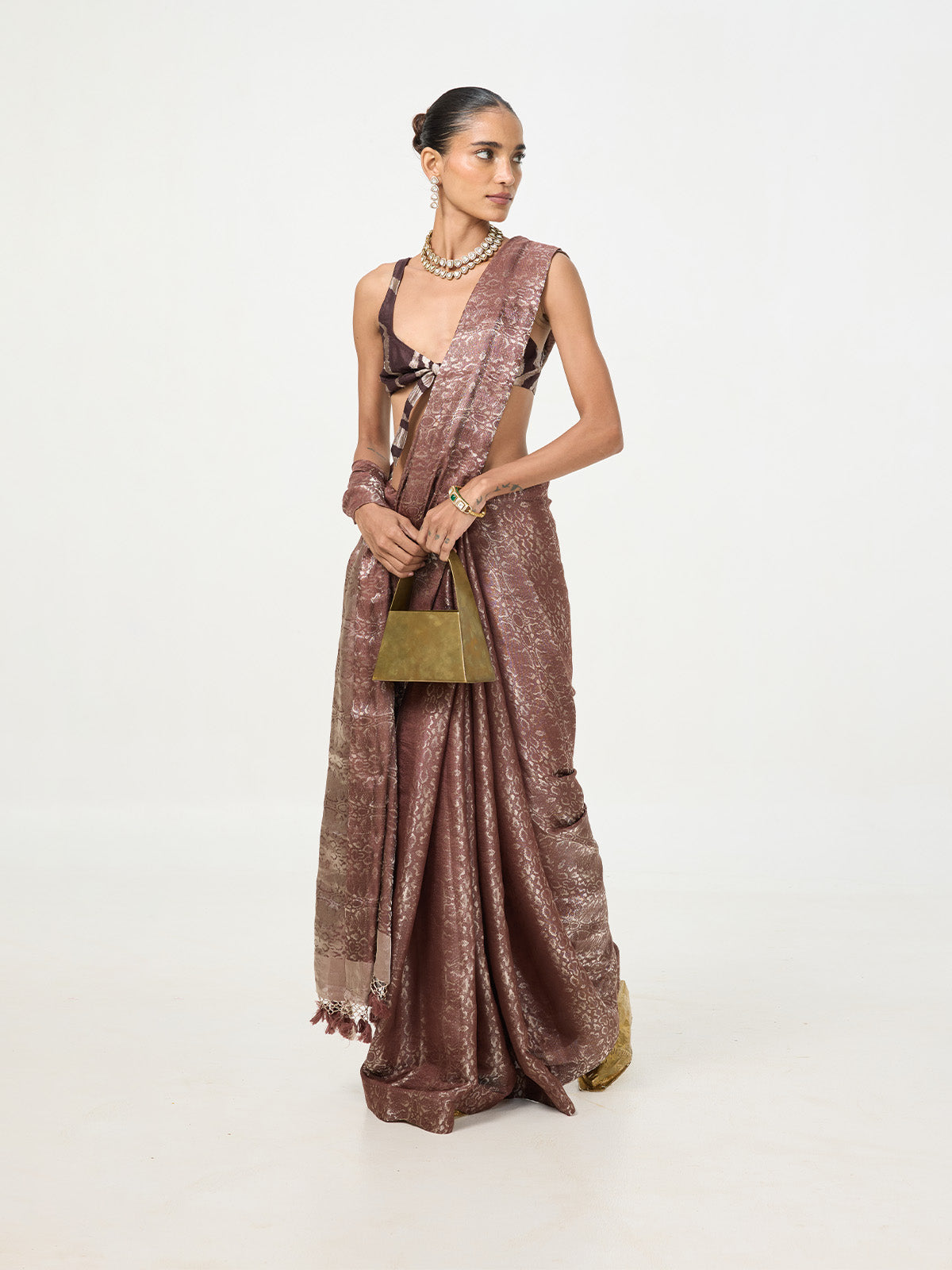 Handwoven Dark Brown Tissue Saree