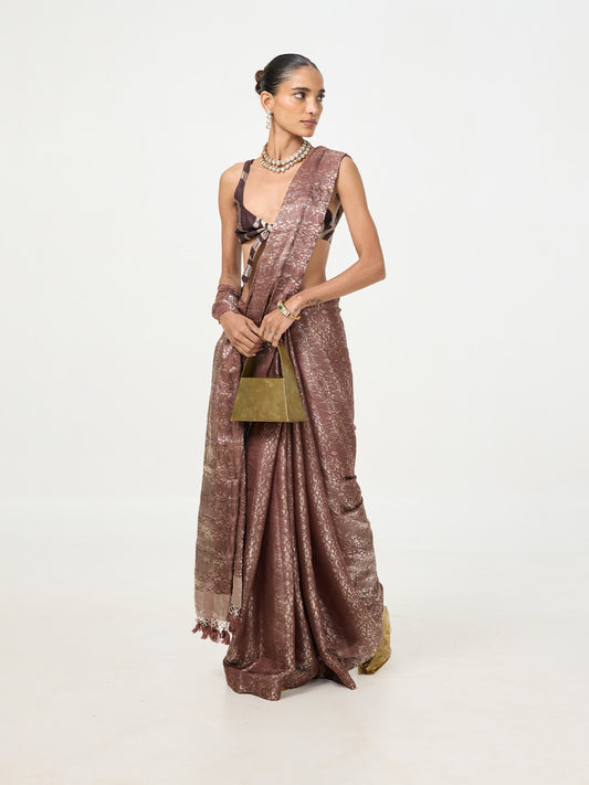 Handwoven Dark Brown Tissue Saree