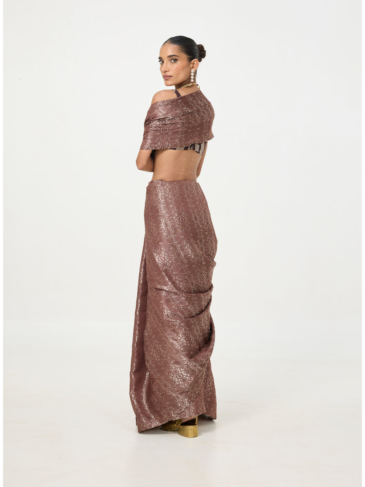 Handwoven Dark Brown Tissue Saree