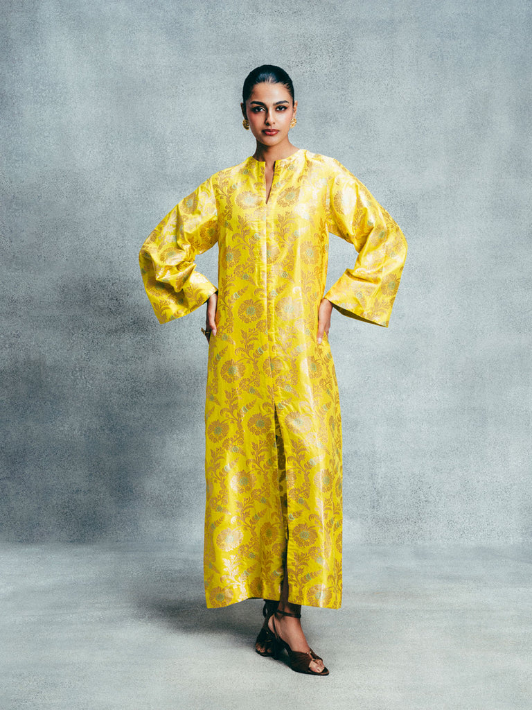 Handwoven Canary Yellow Banarasi Kaftan