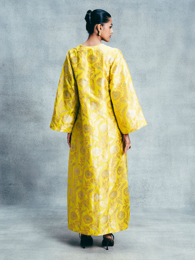Handwoven Canary Yellow Banarasi Kaftan