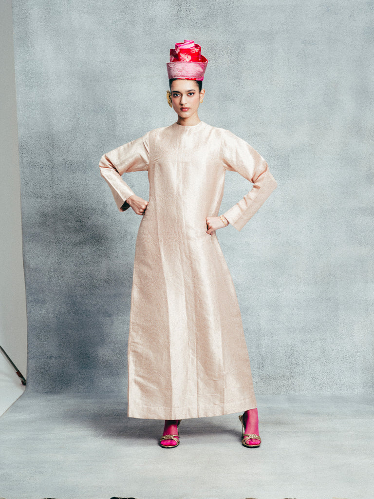 Handwoven Champagne Gold Banarasi Kaftan