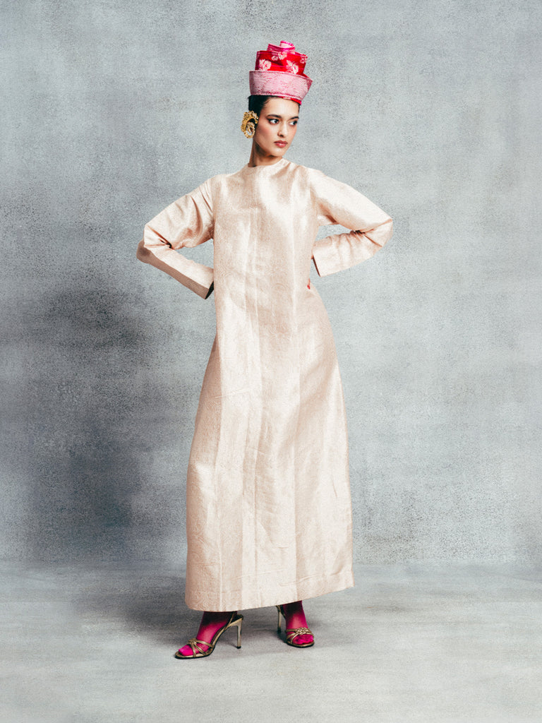 Handwoven Champagne Gold Banarasi Kaftan