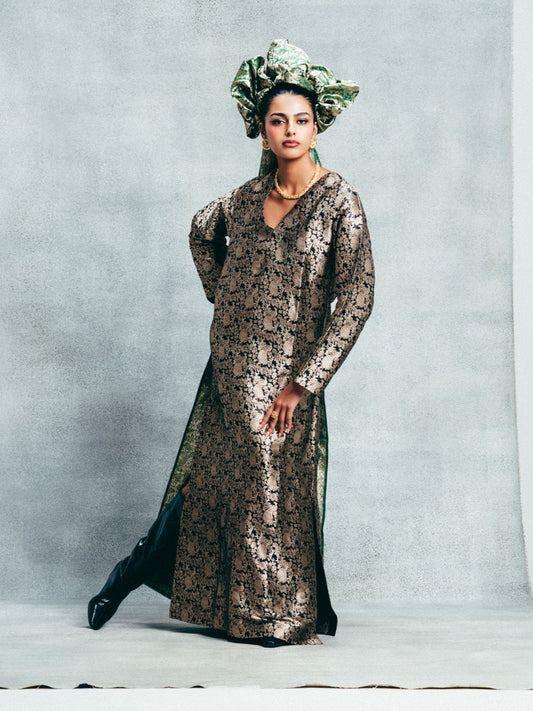 Handwoven Black & Gold Banarasi Kaftan