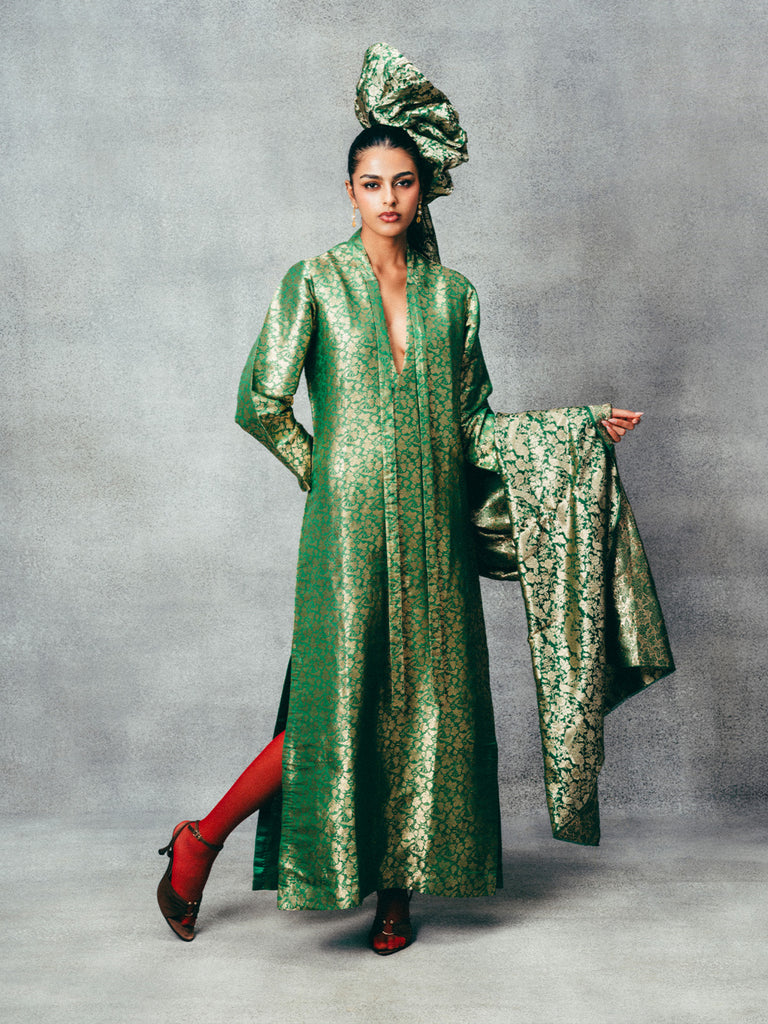 Handwoven Jade Banarasi Kaftan