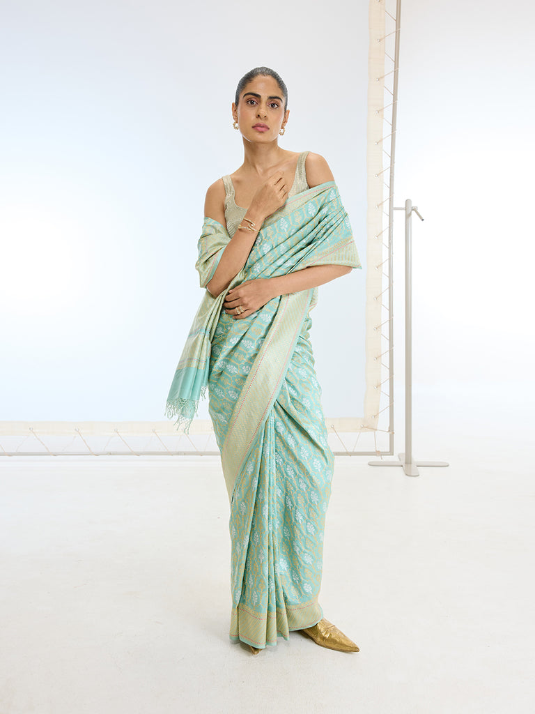 Handwoven Real Zari Aqua Blue Silk Saree
