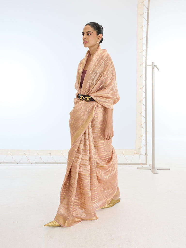 Handwoven Peach Tissue Saree