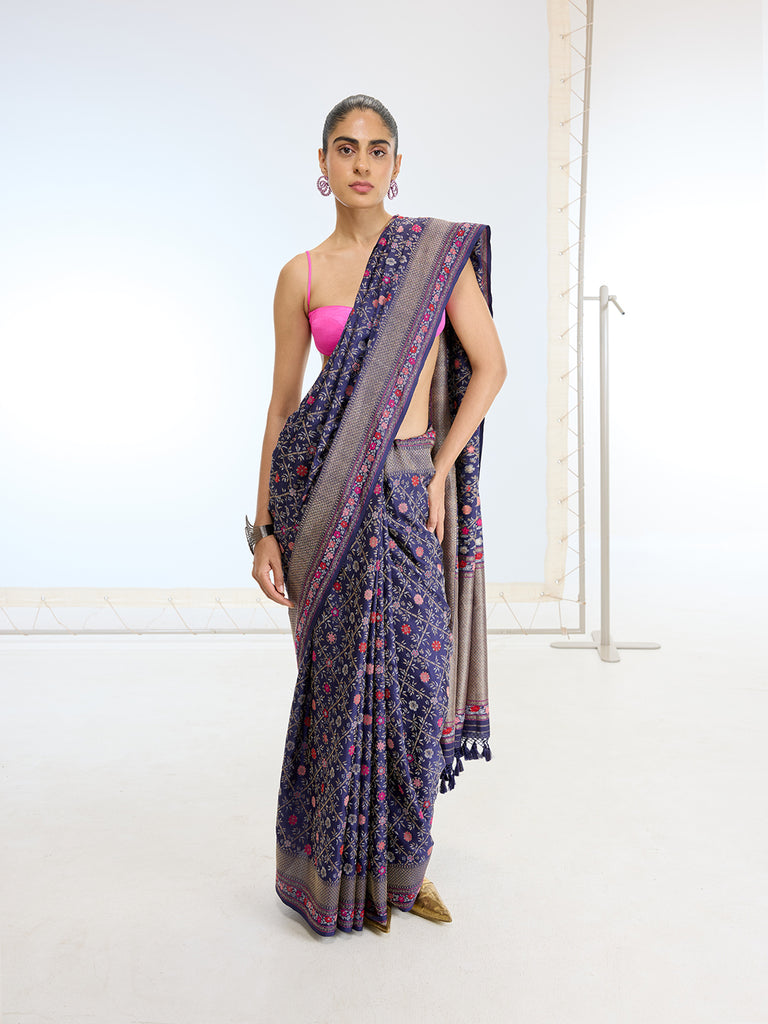 Handwoven Real Zari Navy Silk Saree