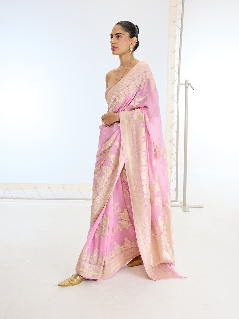 Handwoven Pink Georgette Saree