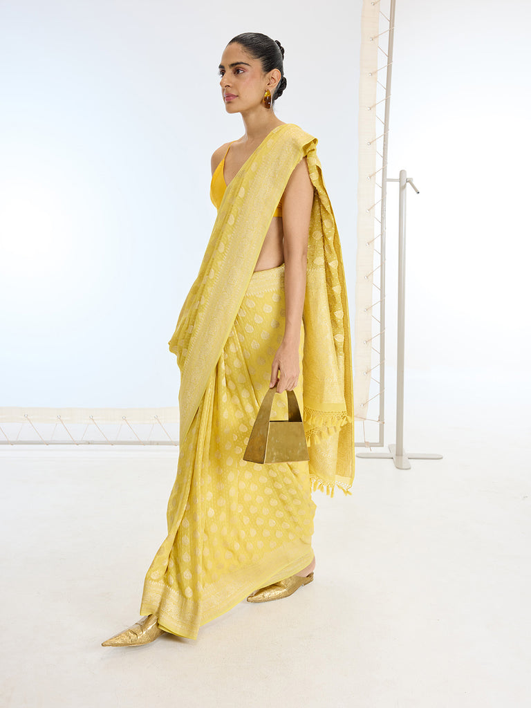 Handwoven Yellow Georgette  Saree