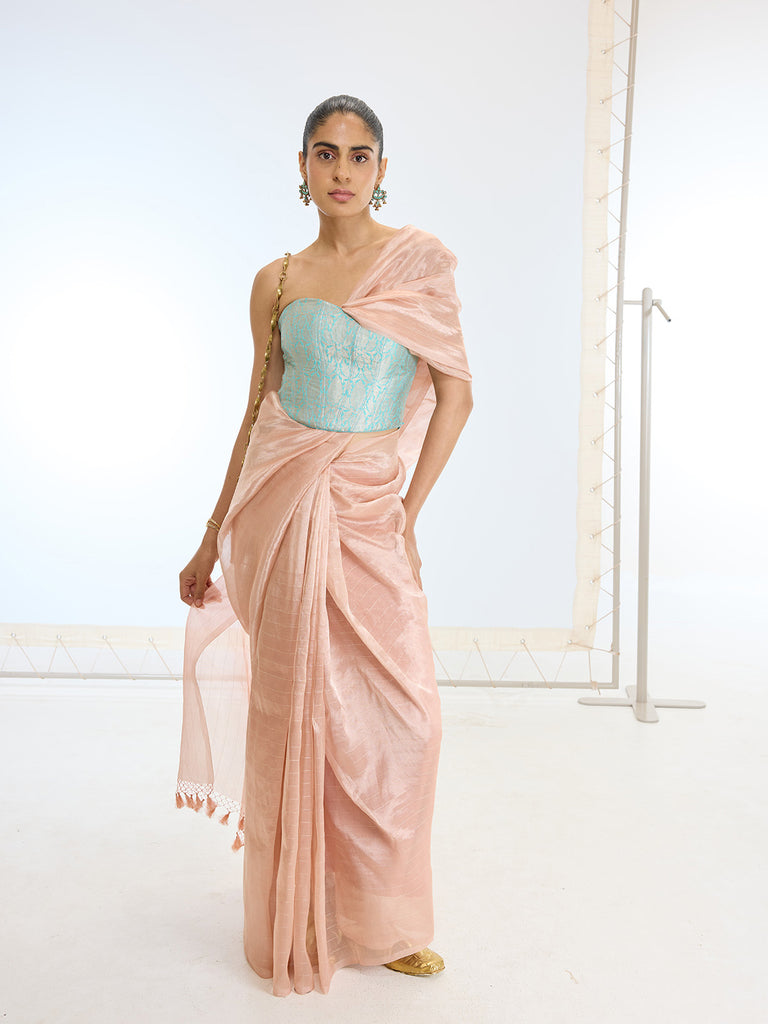 Handwoven Peach Tissue Saree