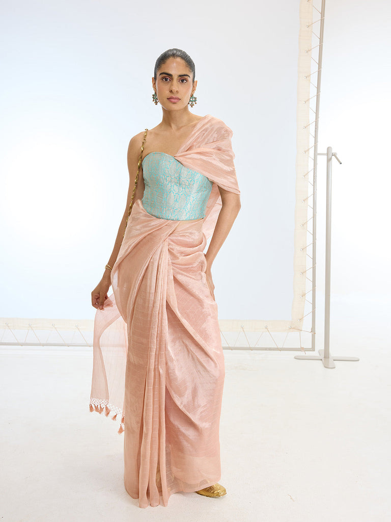 Handwoven Peach Tissue Saree