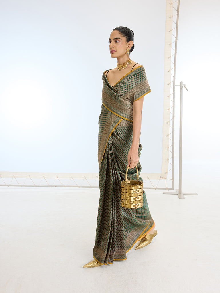 Handwoven Bottle Green Silk Saree