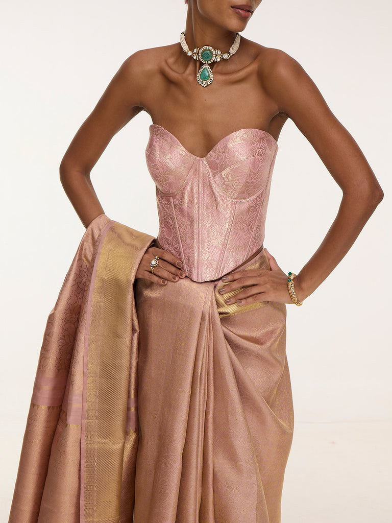 Handwoven Pink & Gold Kanjivaram Saree