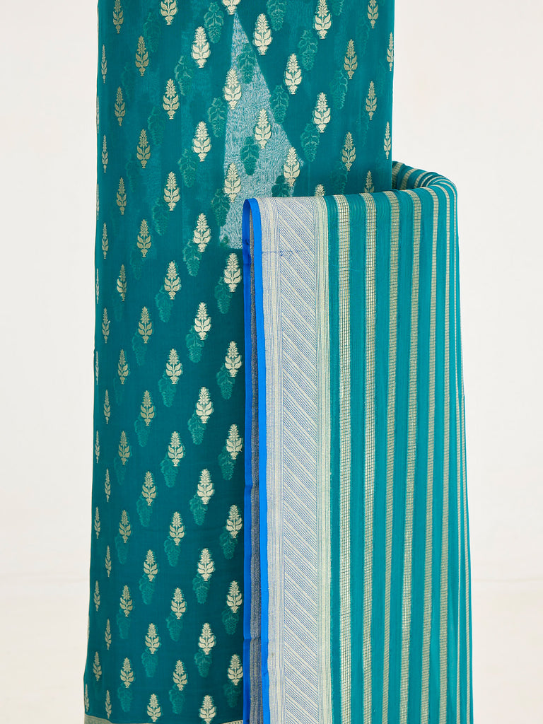 Handwoven Sea-Blue Banarasi Suit Set