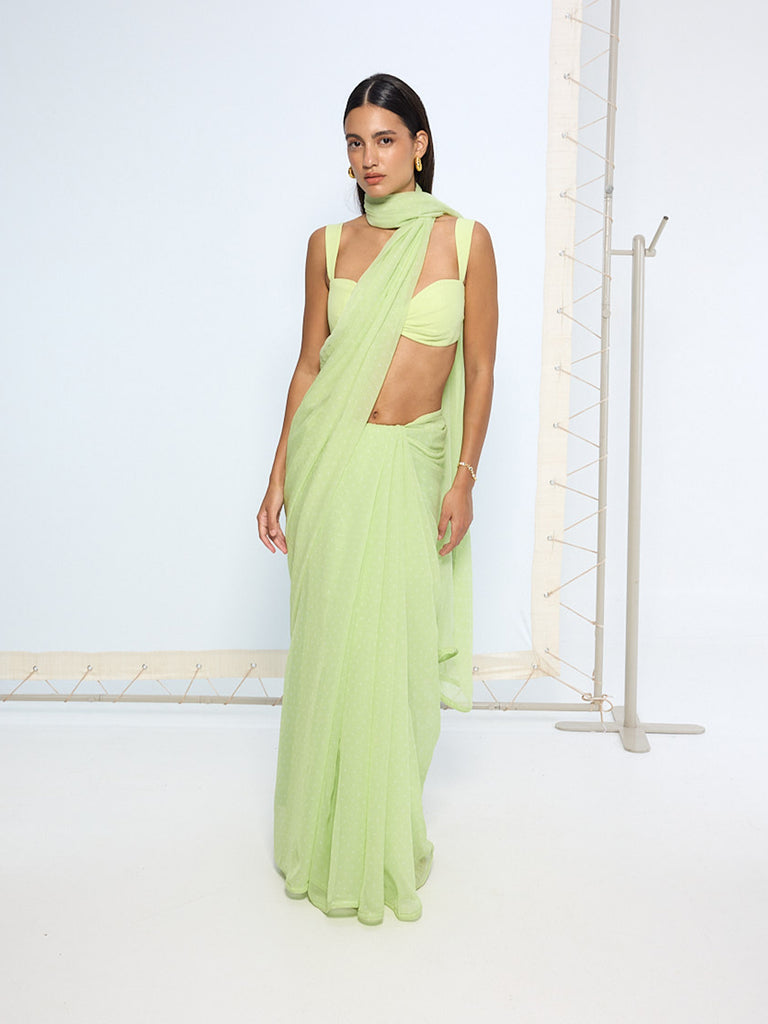 Lime Green Polka Dotted Saree