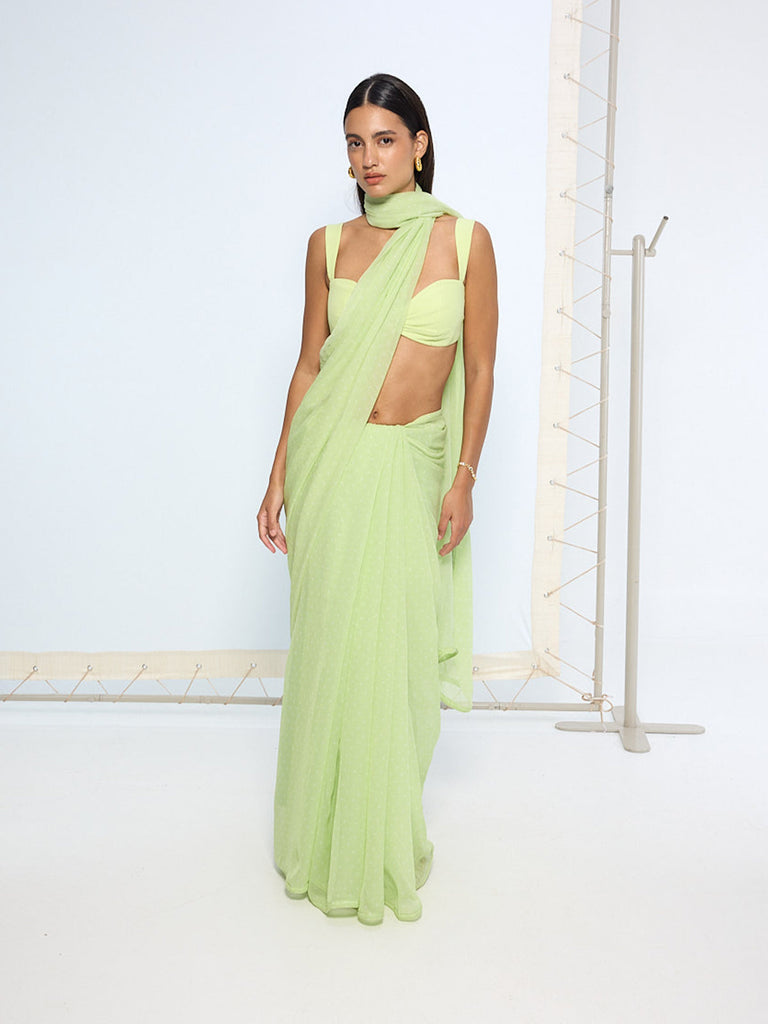 Lime Green Polka Dotted Saree