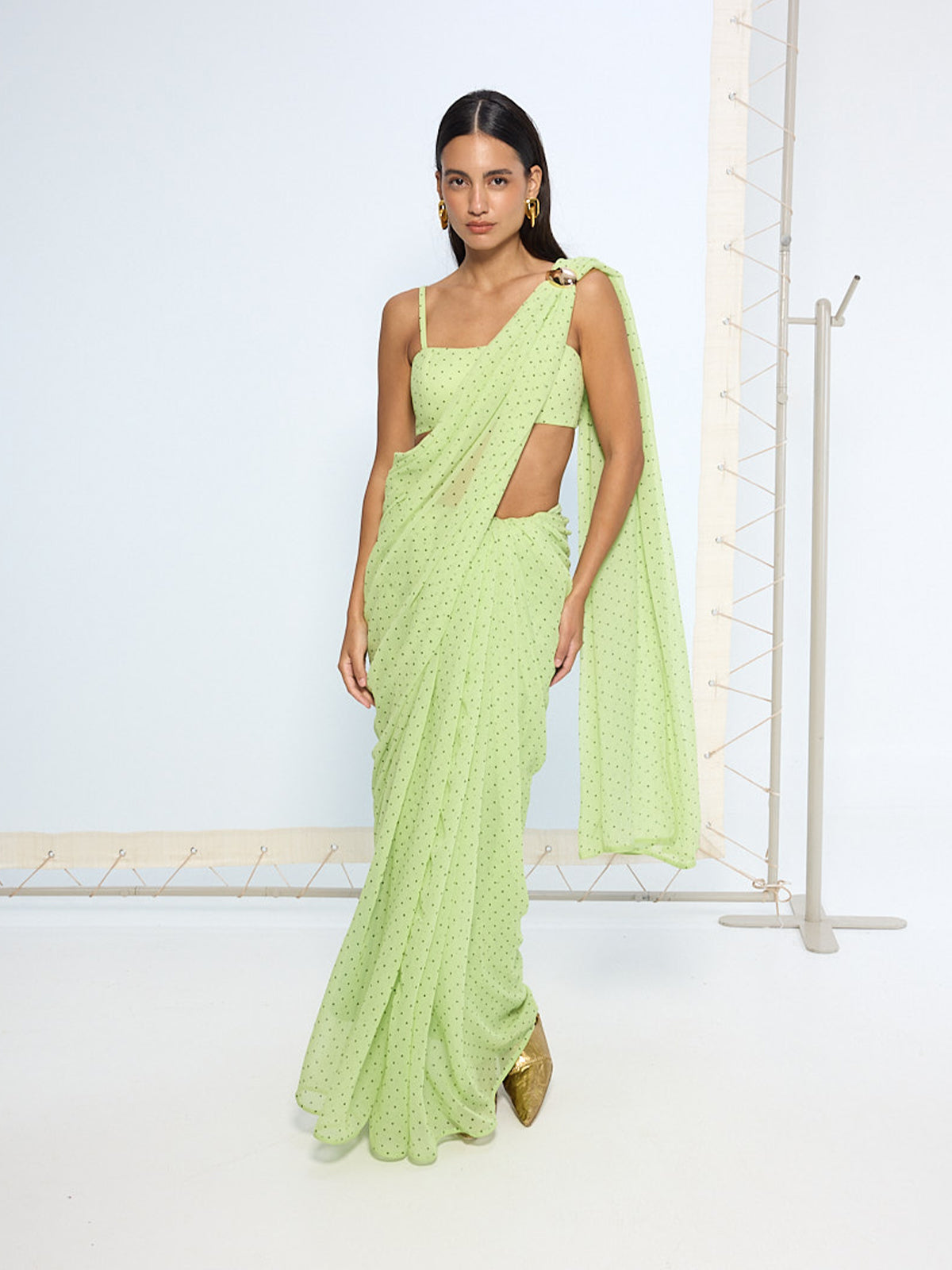 Mint Green Polka Dotted Brooch Saree