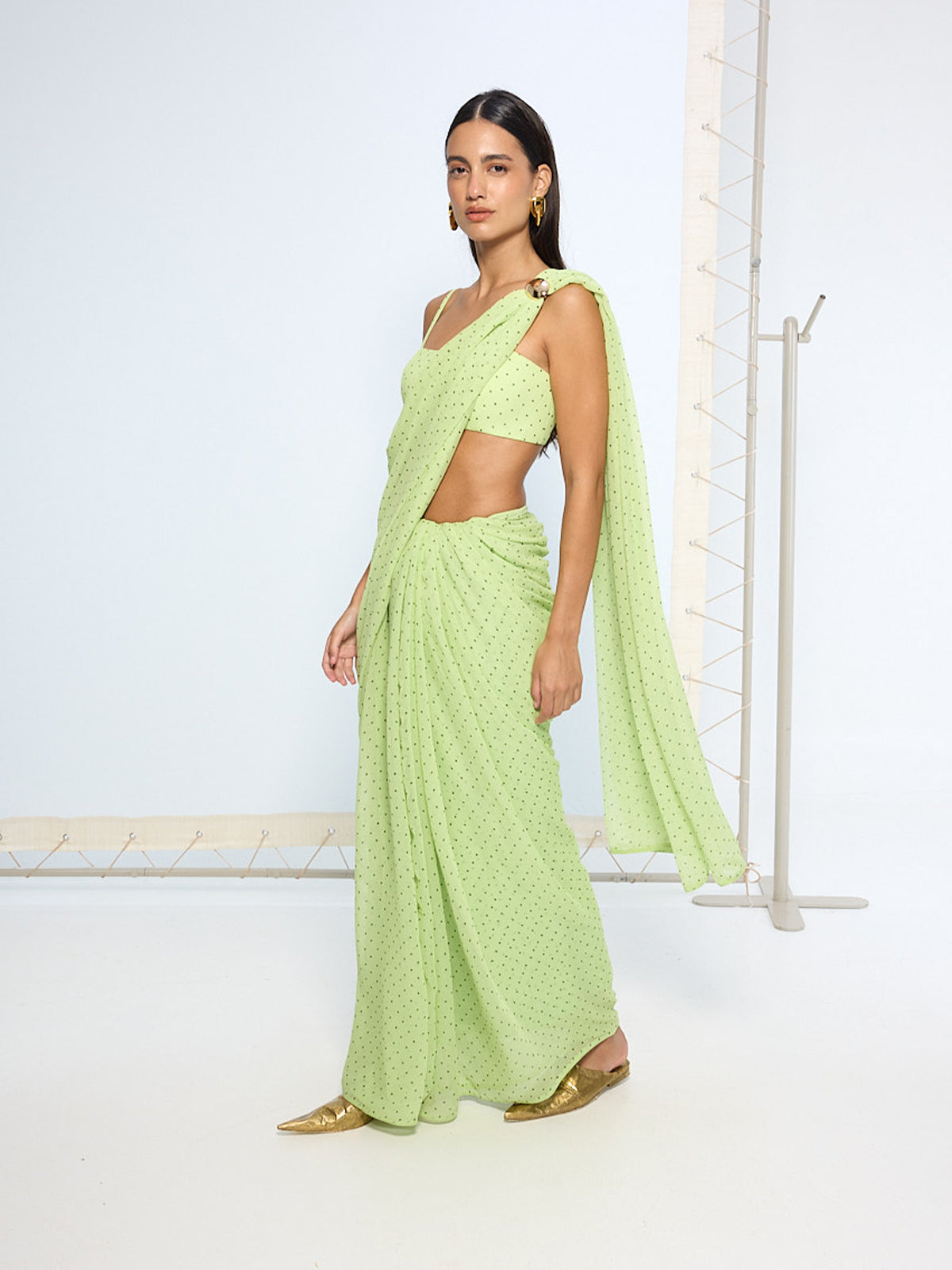 Mint Green Polka Dotted Brooch Saree