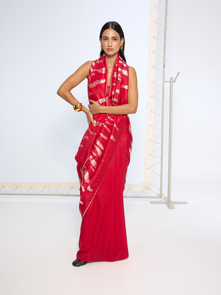 Handwoven Red Rose Gold Zari Saree