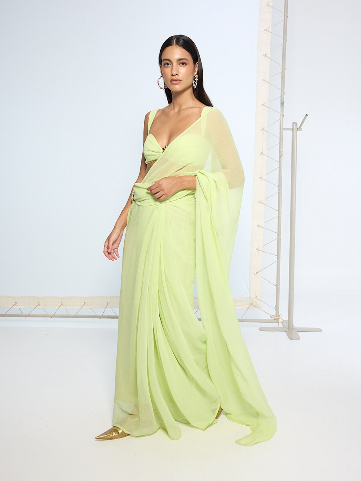 Lime Green Brooch Saree