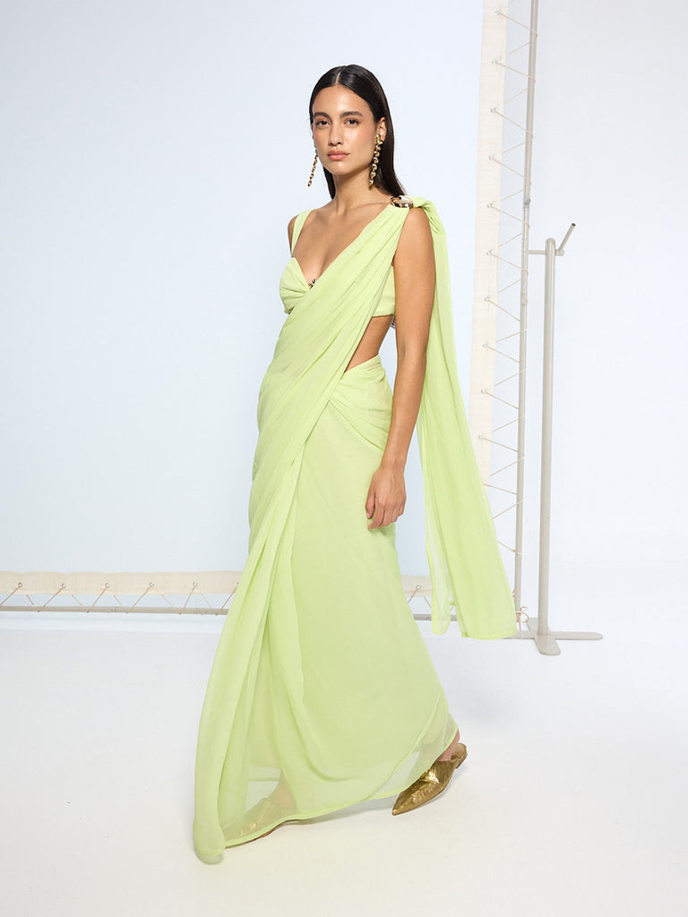 Lime Green Movable Brooch Saree