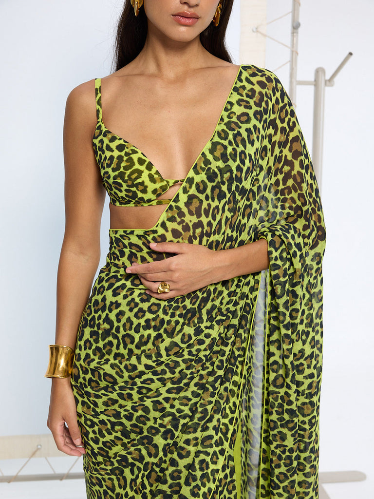 Green Leopard Print Saree