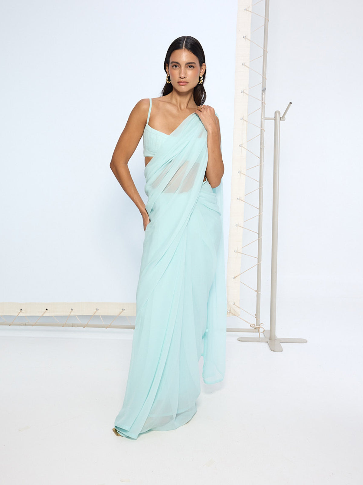 Ice Blue Movable Brooch Saree
