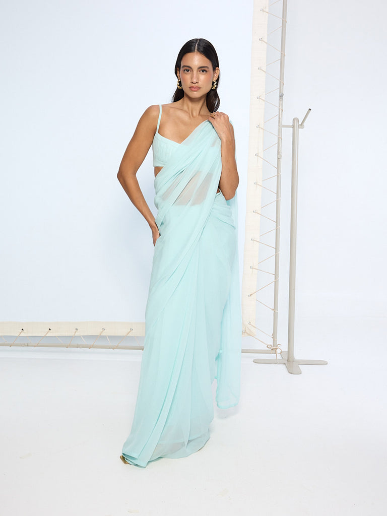 Ice Blue Movable Brooch Saree