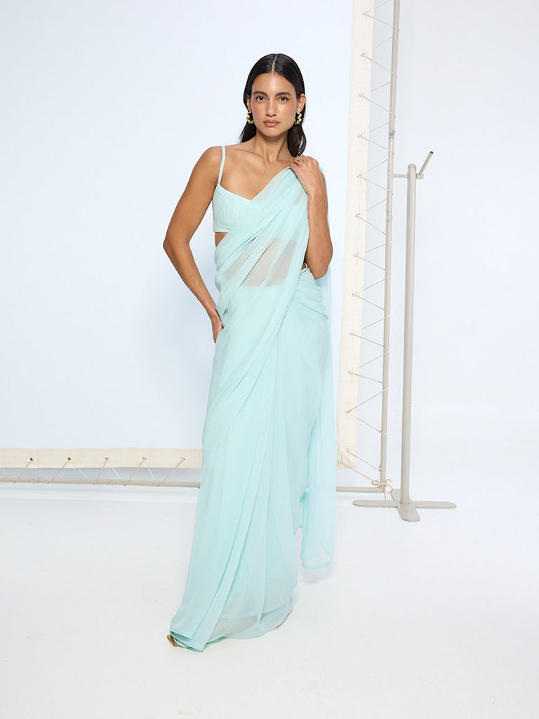Ice Blue Movable Brooch Saree