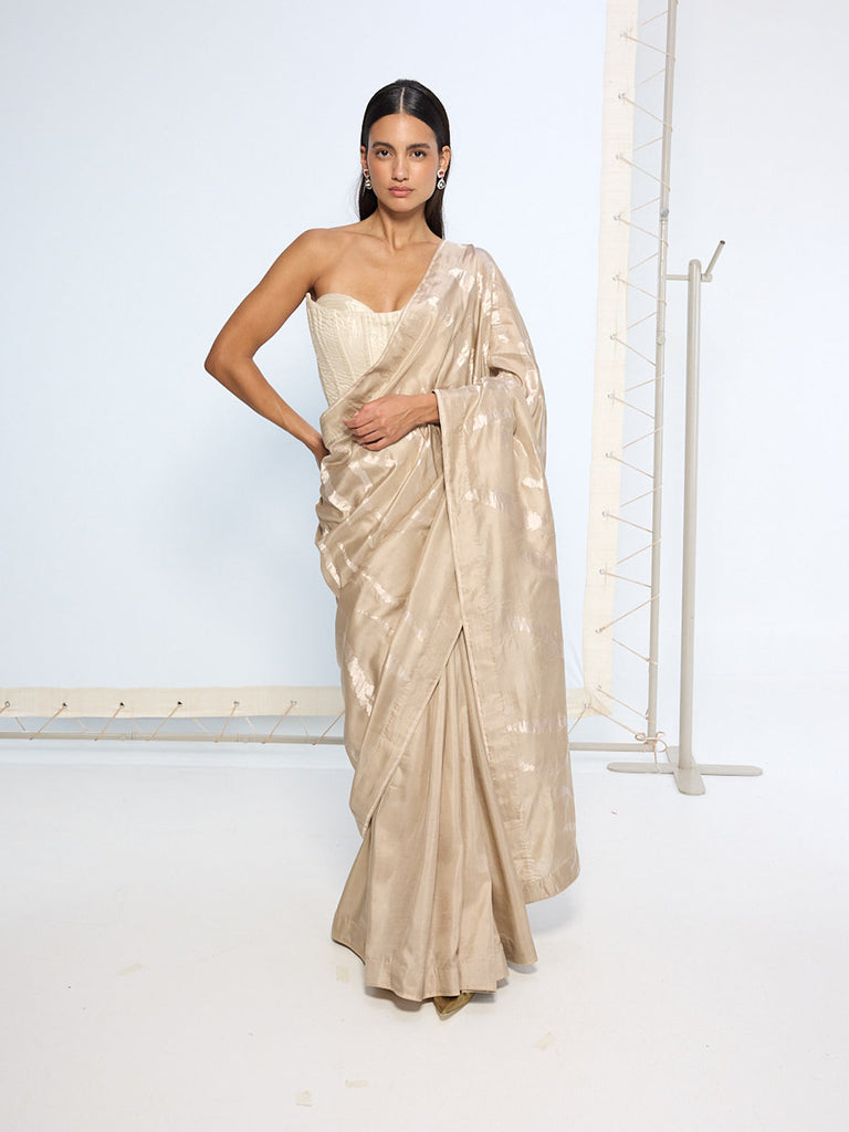 Handwoven Beige Silk Sari
