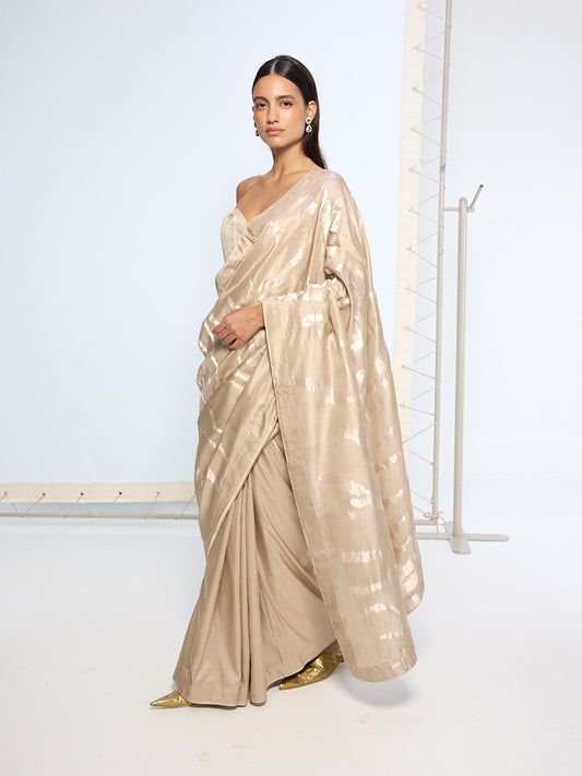 Handwoven Beige Silk Sari
