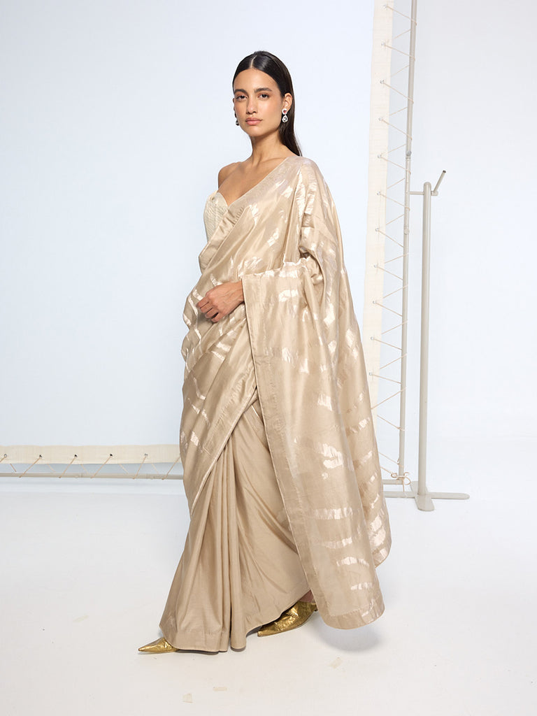 Handwoven Beige Silk Sari