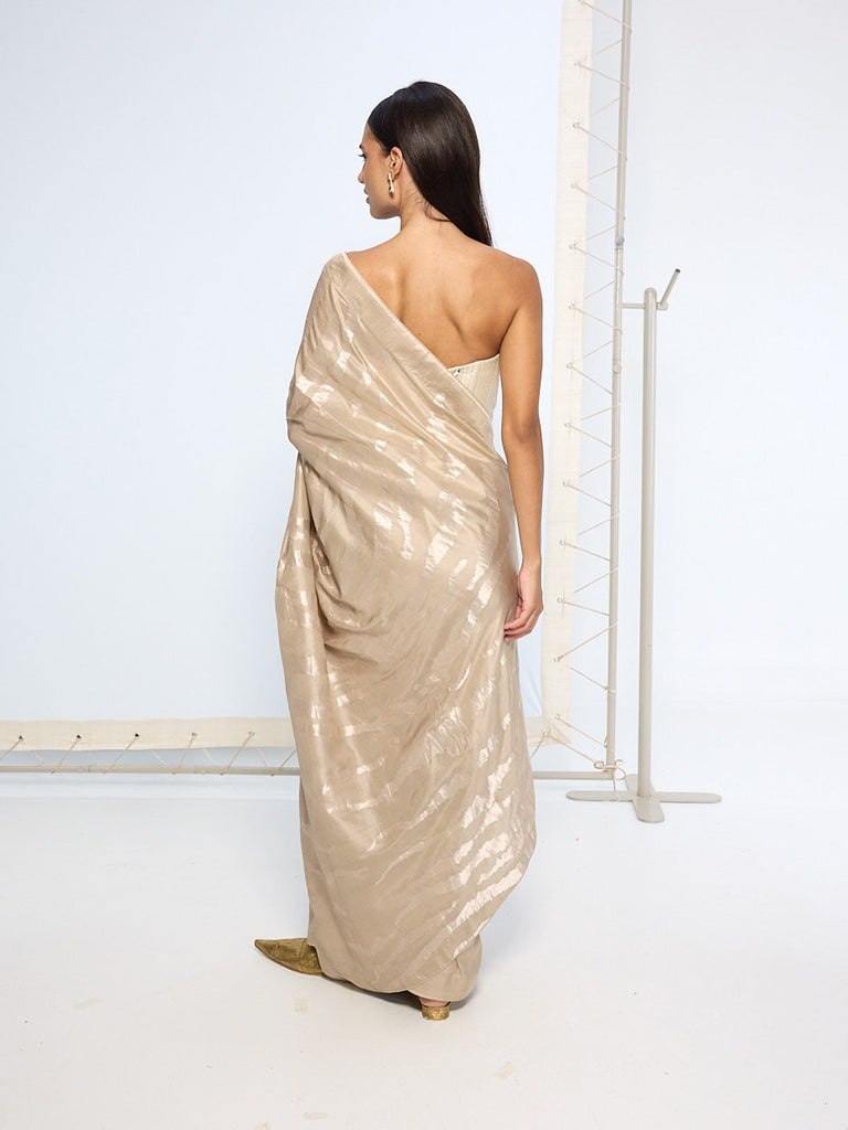 Handwoven Beige Silk Sari