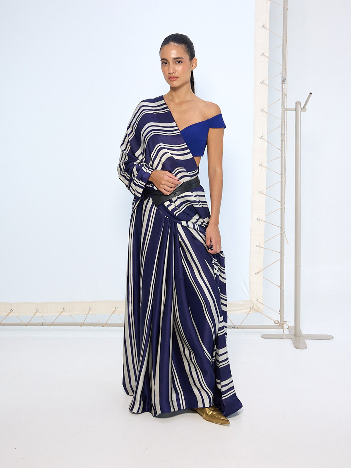 Navy Striped Printed Saree
