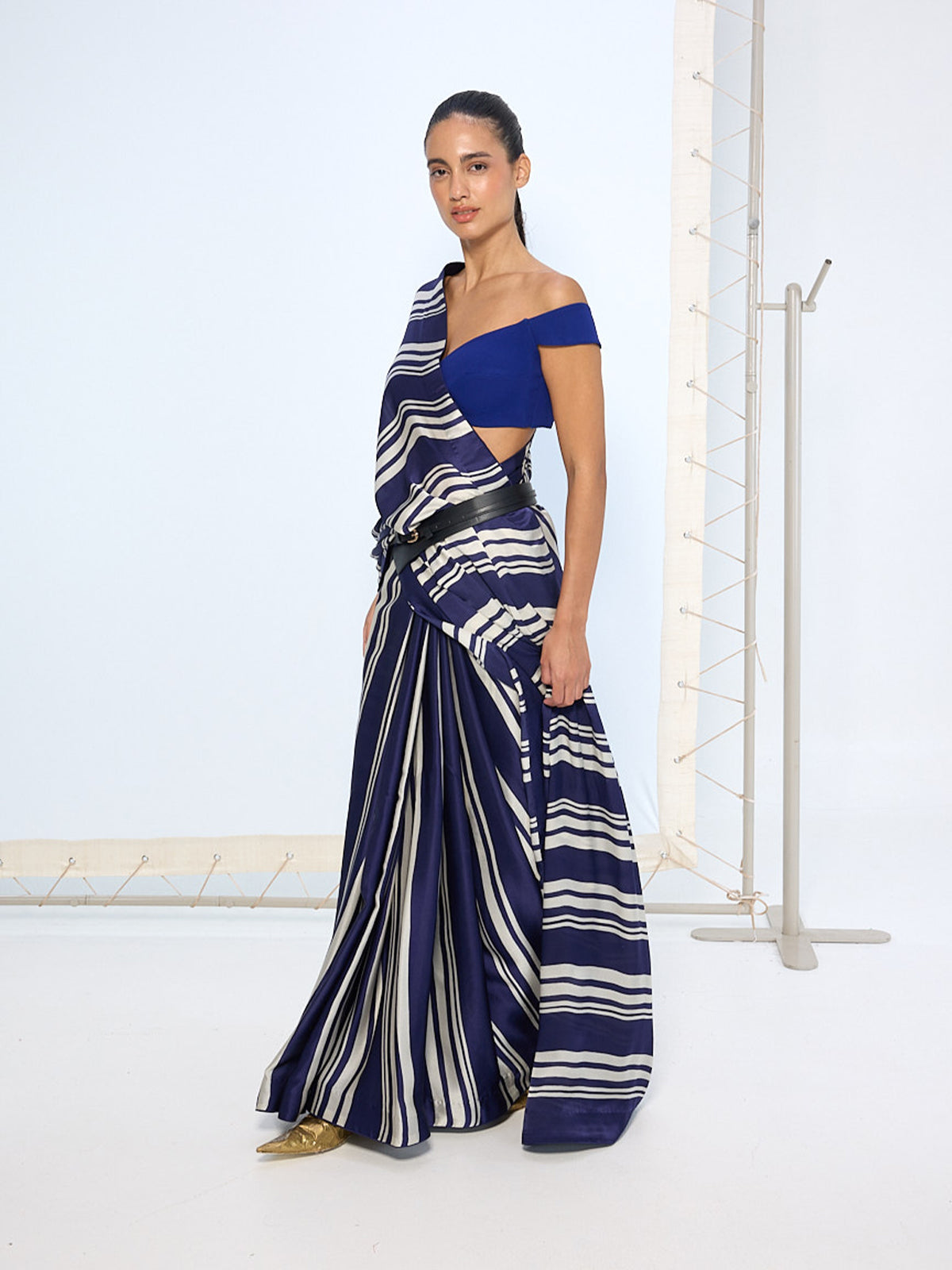 Navy Striped Printed Saree