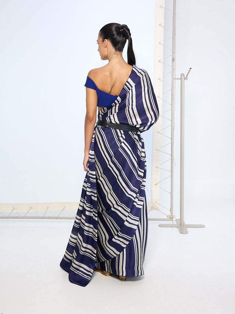 Navy Striped Printed Saree