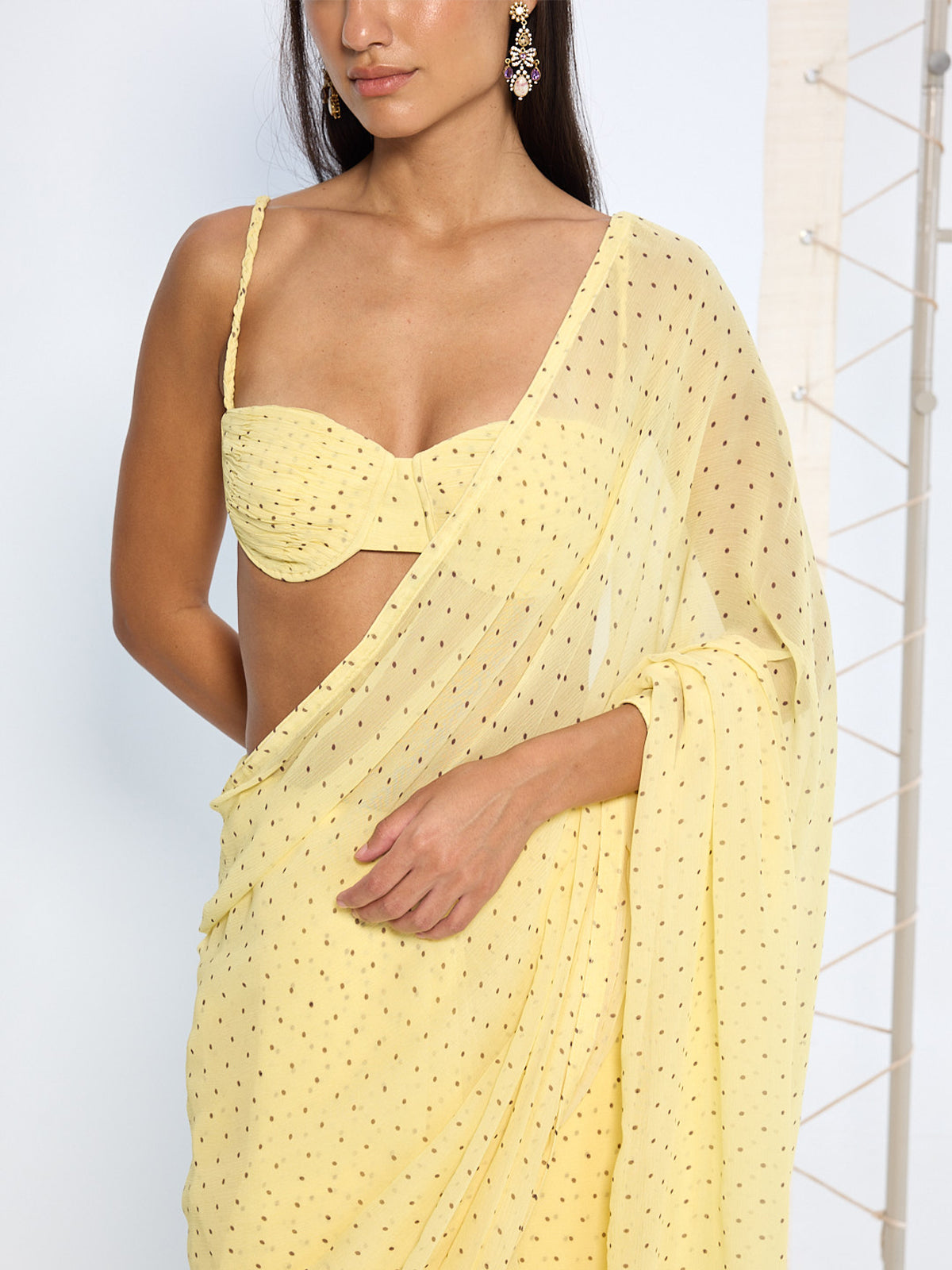 Butter Yellow Brooch Polka Dotted Saree