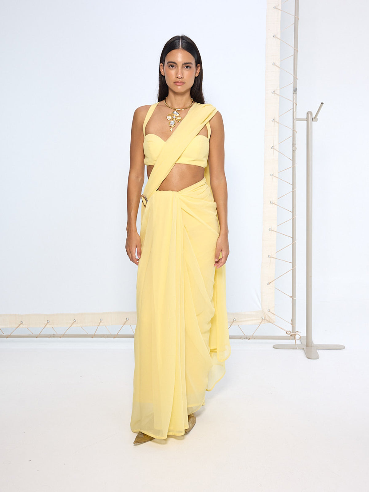 Yellow Movable Brooch Saree