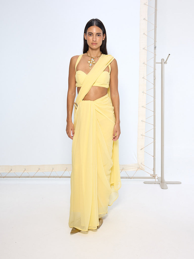 Yellow Movable Brooch Saree