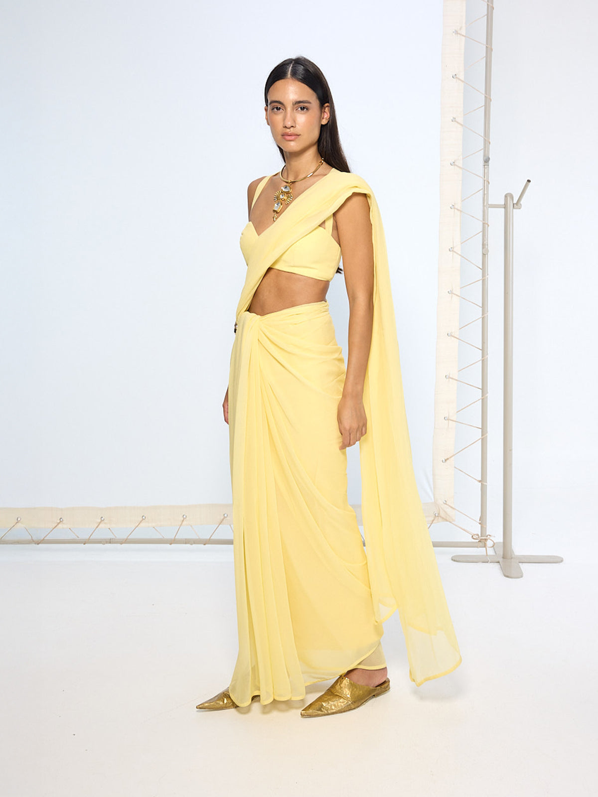 Yellow Movable Brooch Saree