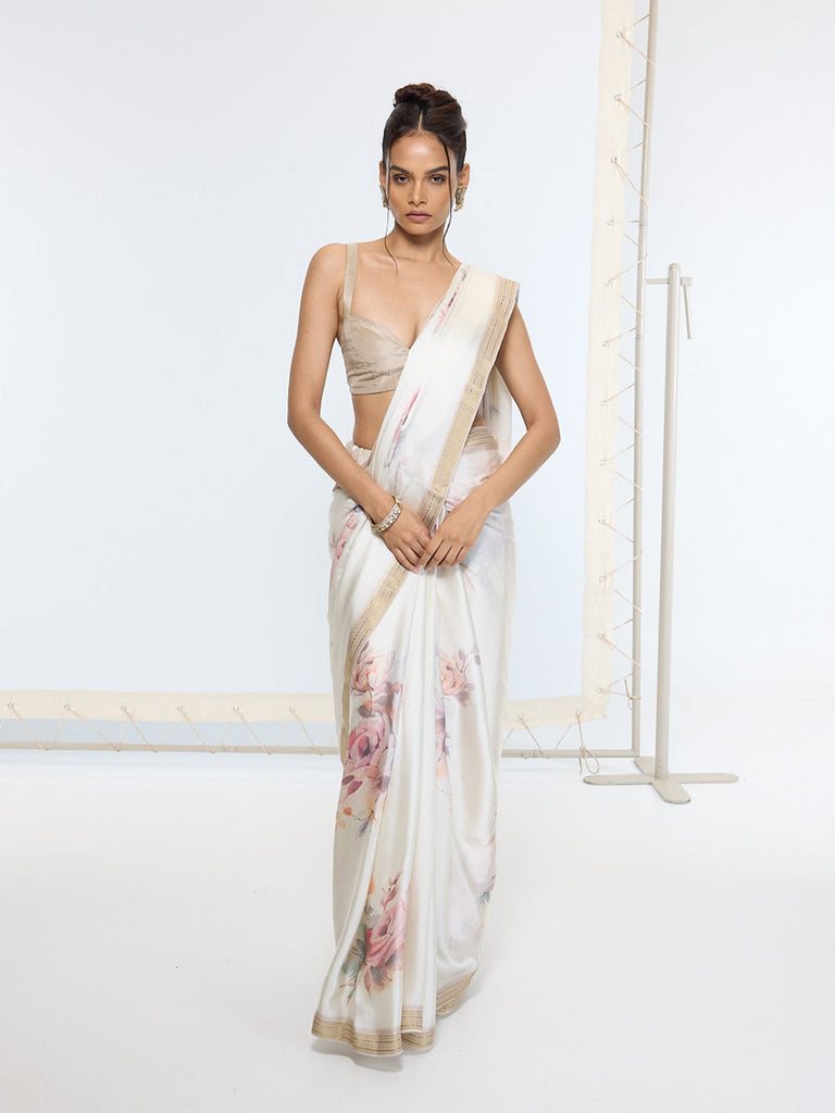 Handwoven Powder White Printed Saree