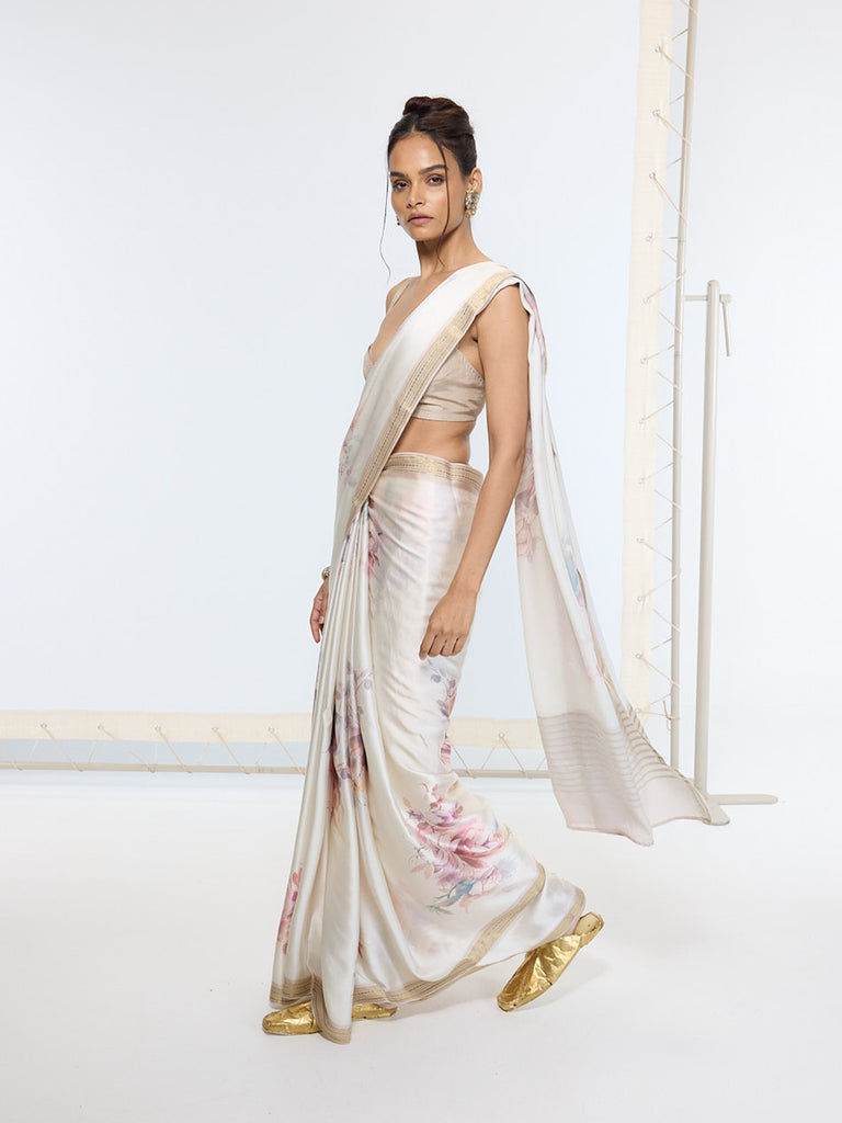 Handwoven Powder White Printed Saree