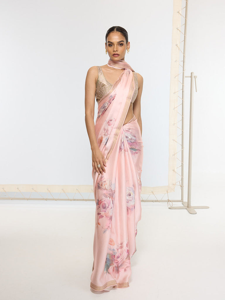 Handwoven Rose Quartz Printed Saree