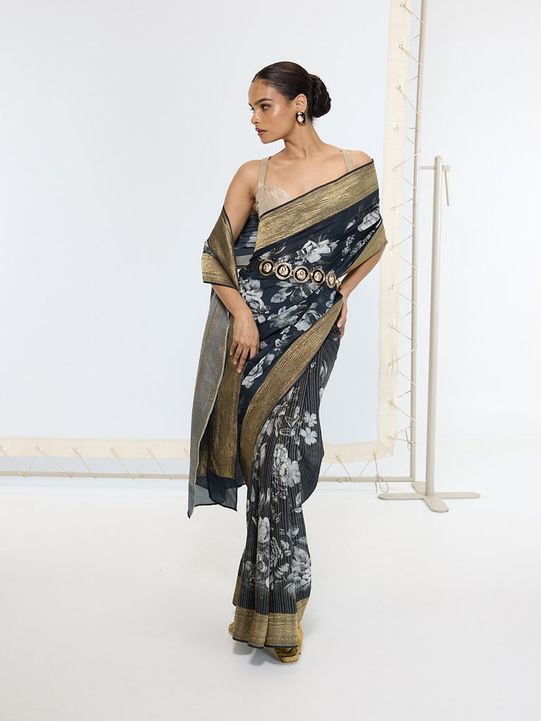 Handwoven Midnight Black Printed Saree