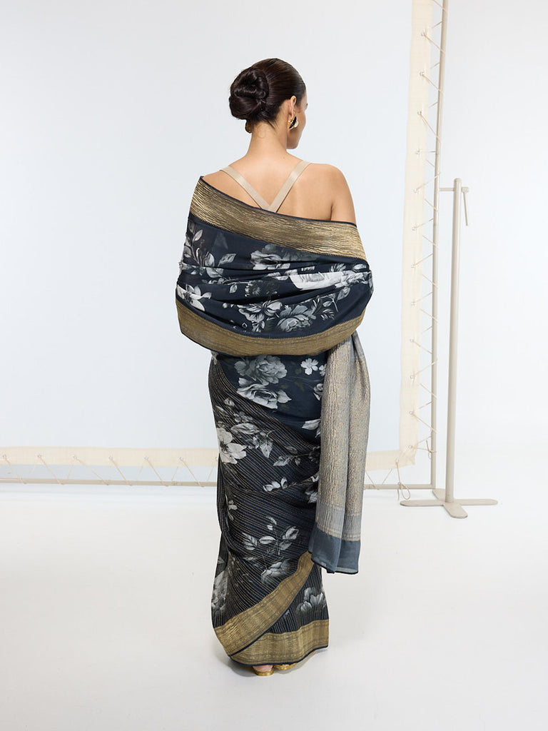 Handwoven Midnight Black Printed Saree