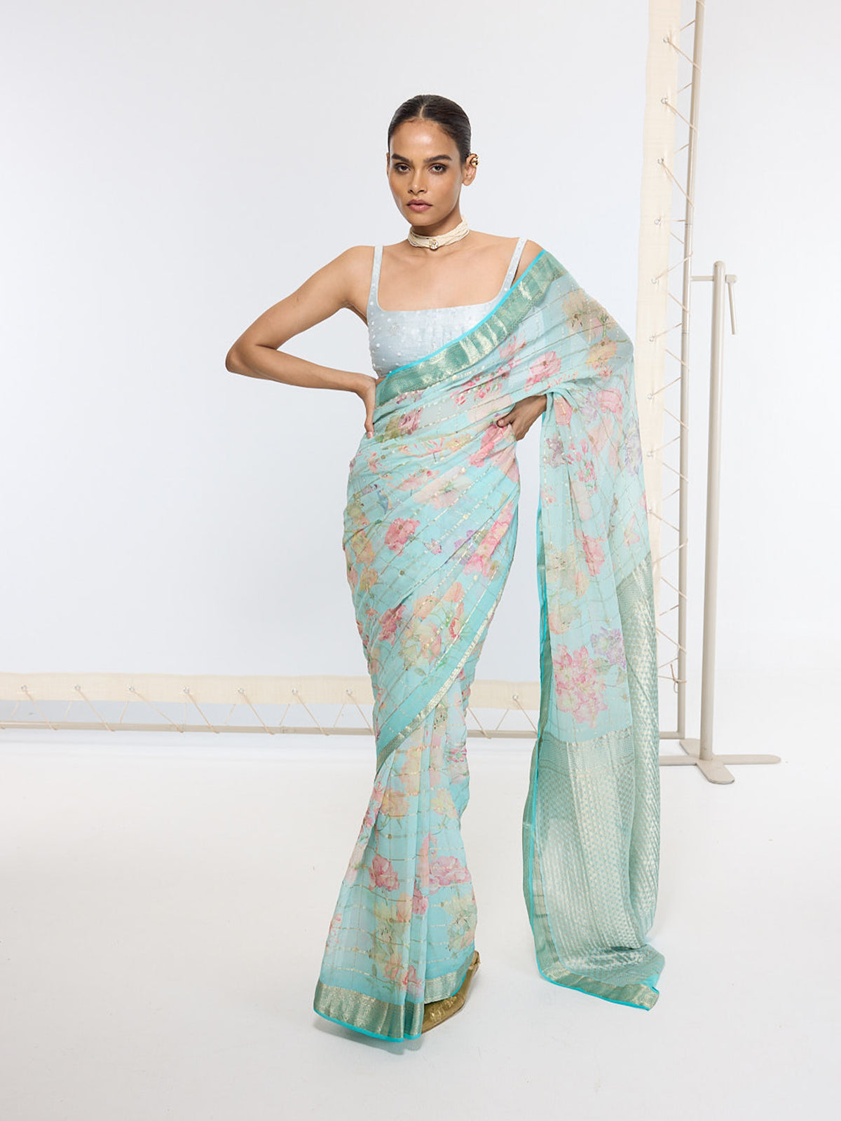 Handwoven Aqua Blue Printed Saree