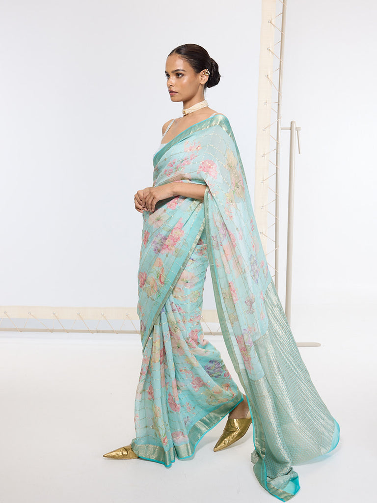 Handwoven Aqua Blue Printed Saree